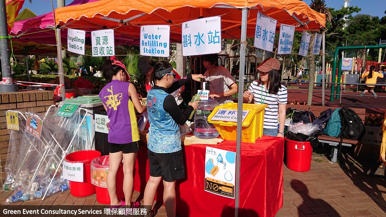 参加者正在使用资源回收站及斟水站内的设施