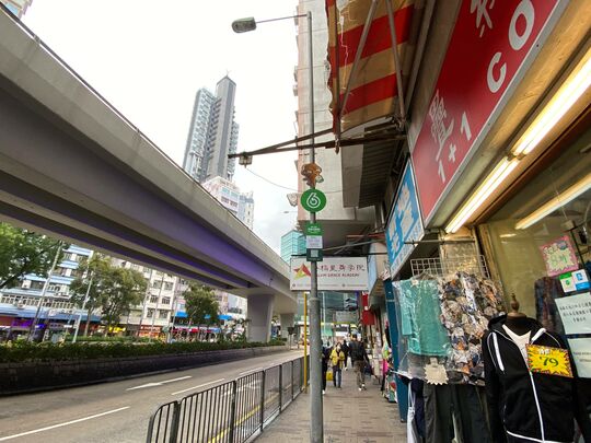 深水埗长沙湾道与界限街交界，长胜大厦对出行人路